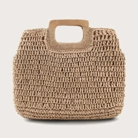 Vacation Vibes khaki straw bag wood handle tote Boho beach - Picture 3 of 8